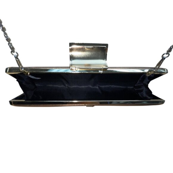 Gold Cylinder Clutch Purse With Rhinestone Clasp Closure & Chain Strap Sz S - Picture 8 of 9